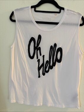 Guess White Sleeveless Tee with Black Beaded 'Ok Hello' Script
